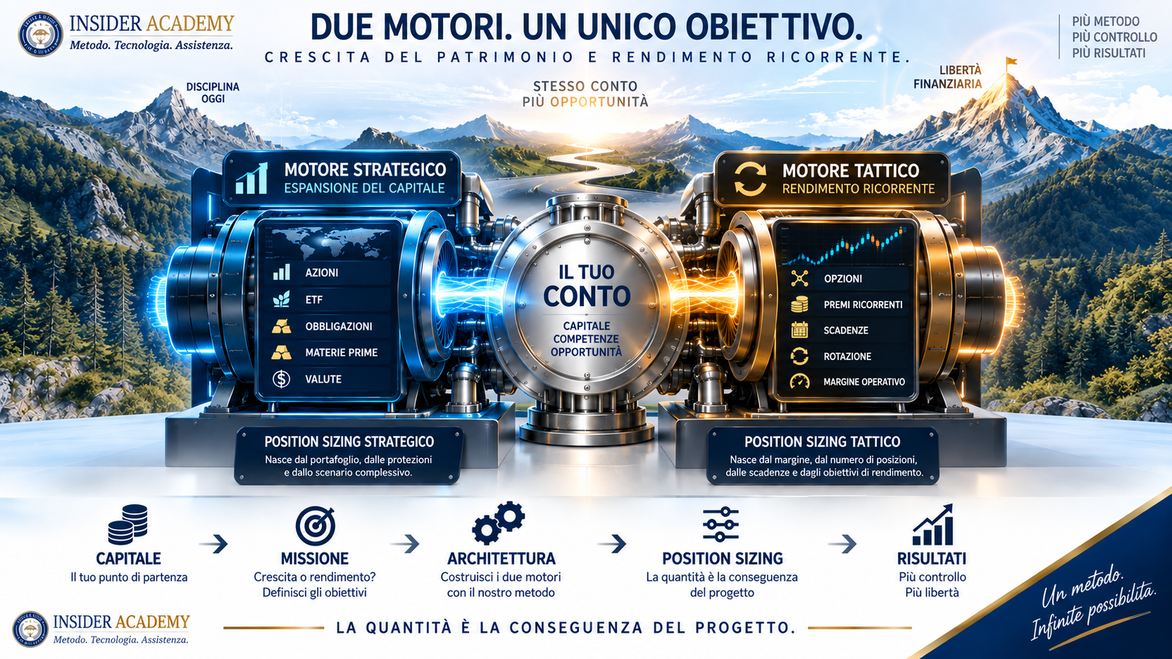 Schema dei due motori del conto: espansione del capitale e operatività tattica, con logiche differenti di dimensionamento.
