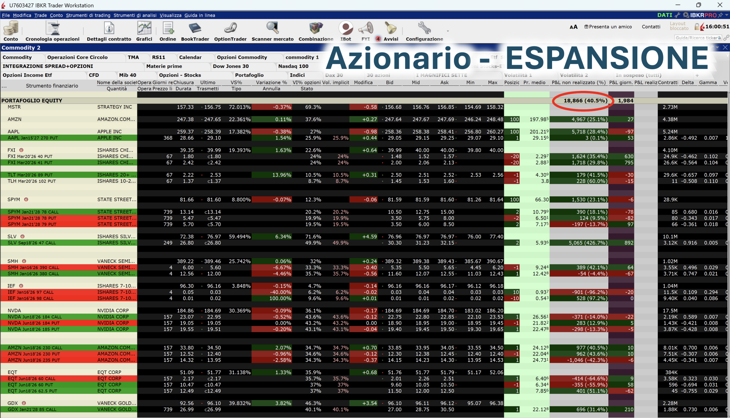 Portafoglio equity nella schermata TWS: P&L non realizzato complessivo di 18.866 dollari al momento della rilevazione.